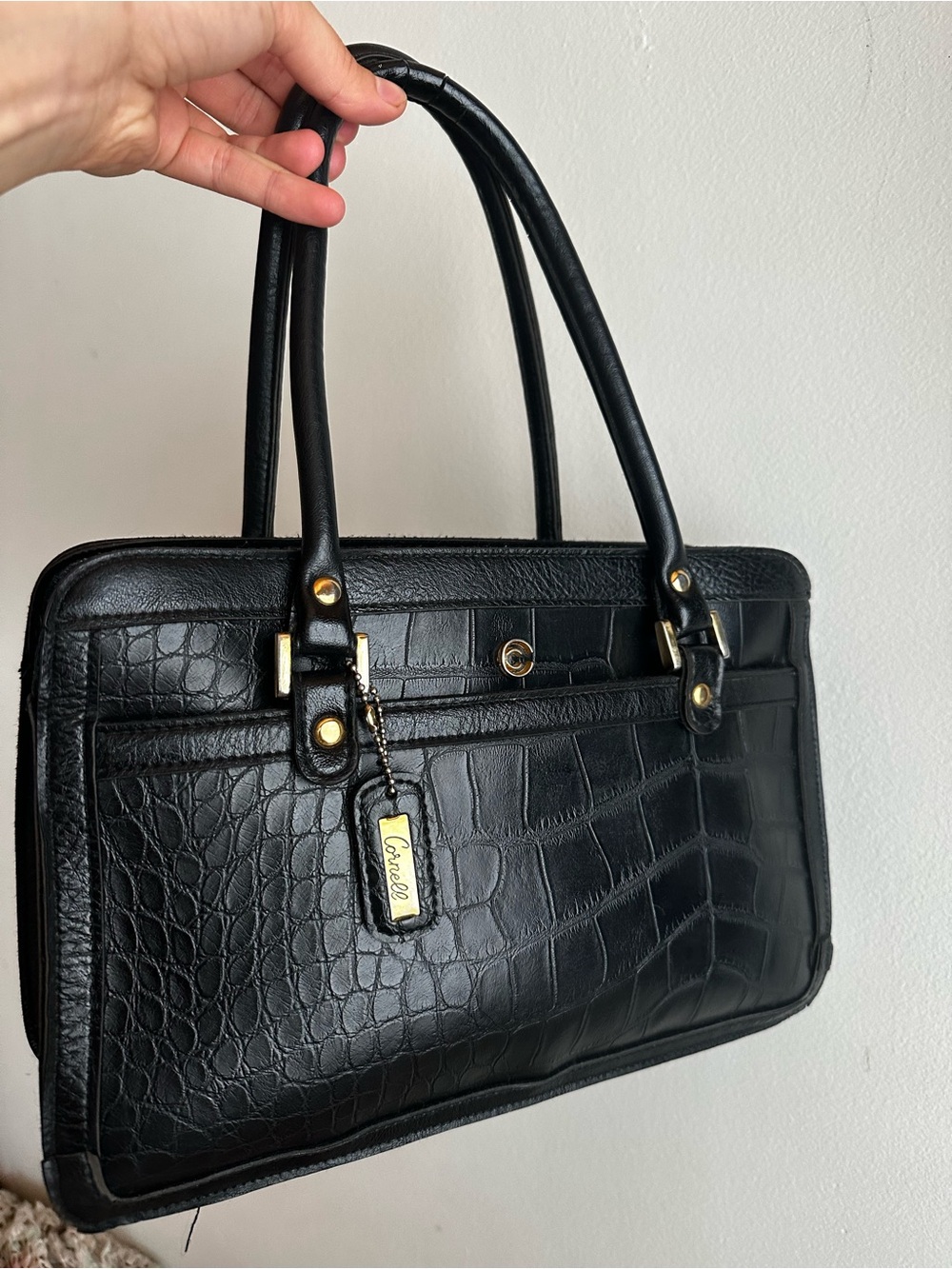 Black Croc-Embossed Vintage Cornell Bag with Gold Hardware